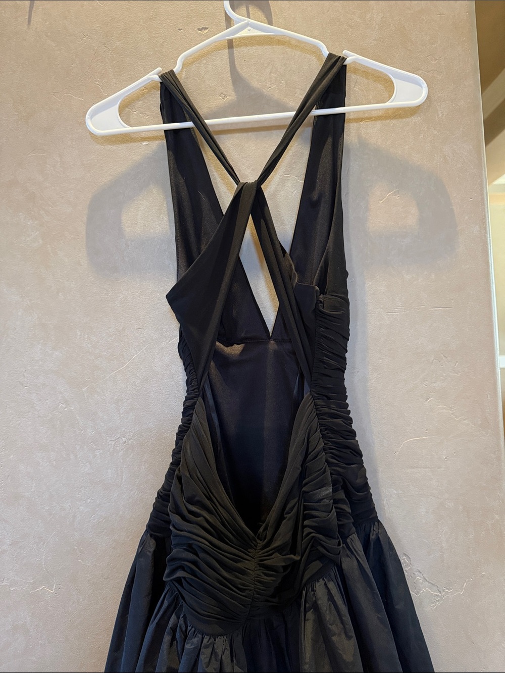 BCBGMaxAzria Black Ruched Bodice Midi Dress with Cross-Back Straps - Picture 3 of 11